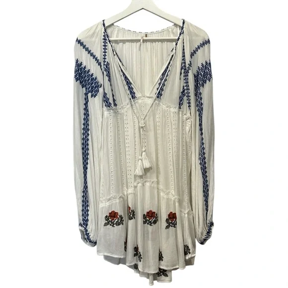 Free People Wild Horses Boho Ethereal Embroidered Mini Dress White Blue XS - Picture 2 of 15